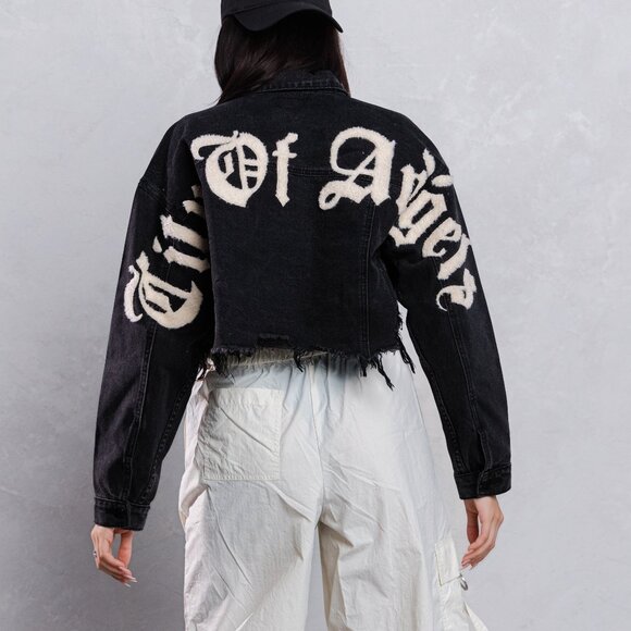 CITY OF ANGEL Cream font Crop Denim Jacket - Picture 1 of 8